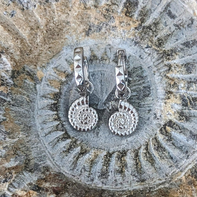 Sterling silver ammonite charm hoop earrings