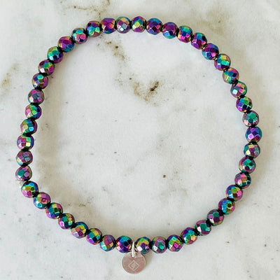 Rainbow hematite 4mm gemstone bracelet with sterling silver circular disc