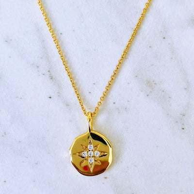 18 carat gold plated starburst disc pendant necklace