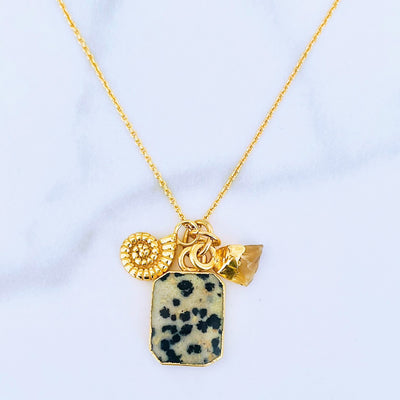 Gold plated dalmatian jasper, citrine and ammonite charm pendant necklace