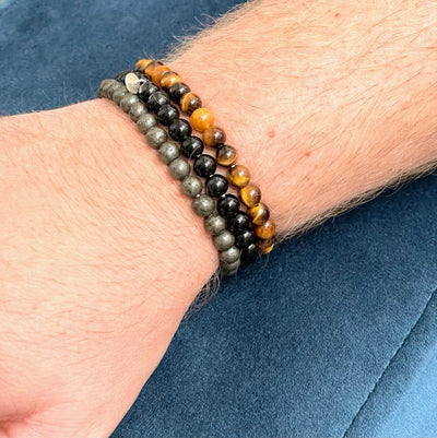 Men's 6mm bead Tiger's Eye, Obsidian and Pyrite Gemstone Intention Bracelet Trio with sterling silver logo disc