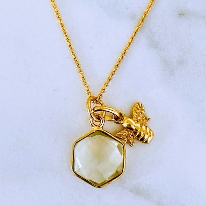 The Hexagon "Queen Bee" Pendant Necklace - Citrine, Gold Plated 
