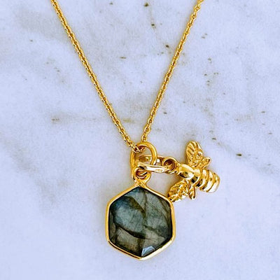 Lapis London The Hexagon "Queen Bee" Pendant Necklace - Labradorite, Gold Plated Sterling Silver 