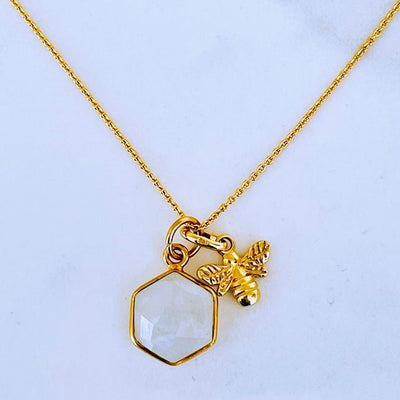 Lapis London The Hexagon "Queen Bee" Pendant Necklace - Moonstone, Gold Plated Sterling Silver 
