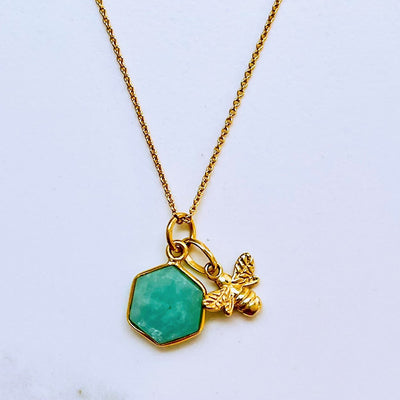 Lapis London The Hexagon "Queen Bee" Pendant Necklace - Amazonite, Gold Plated 