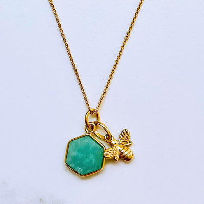 Lapis London The Hexagon "Queen Bee" Pendant Necklace - Amazonite, Gold Plated 