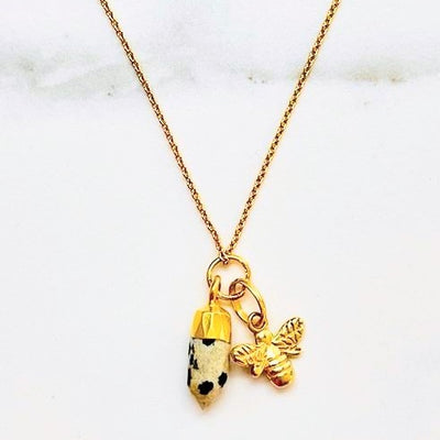 Gold plated sterling silver vermeil dalmatian jasper spike pendant necklace with a gold bee charm