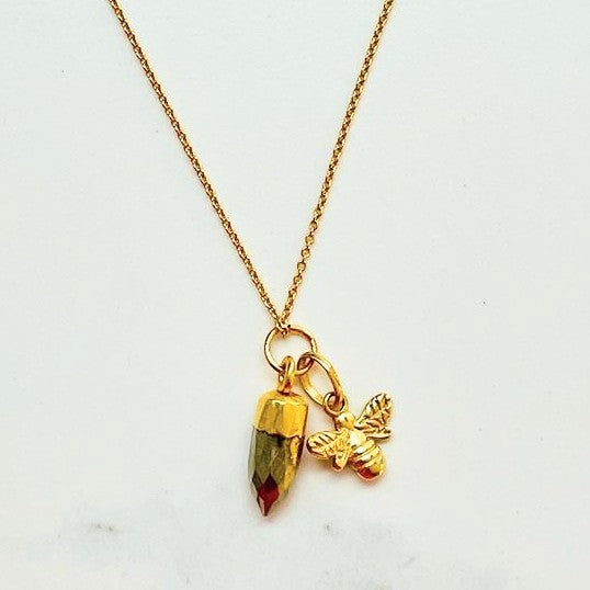 Gold plated sterling silver vermeil pyrite pendant necklace with gold bee charm