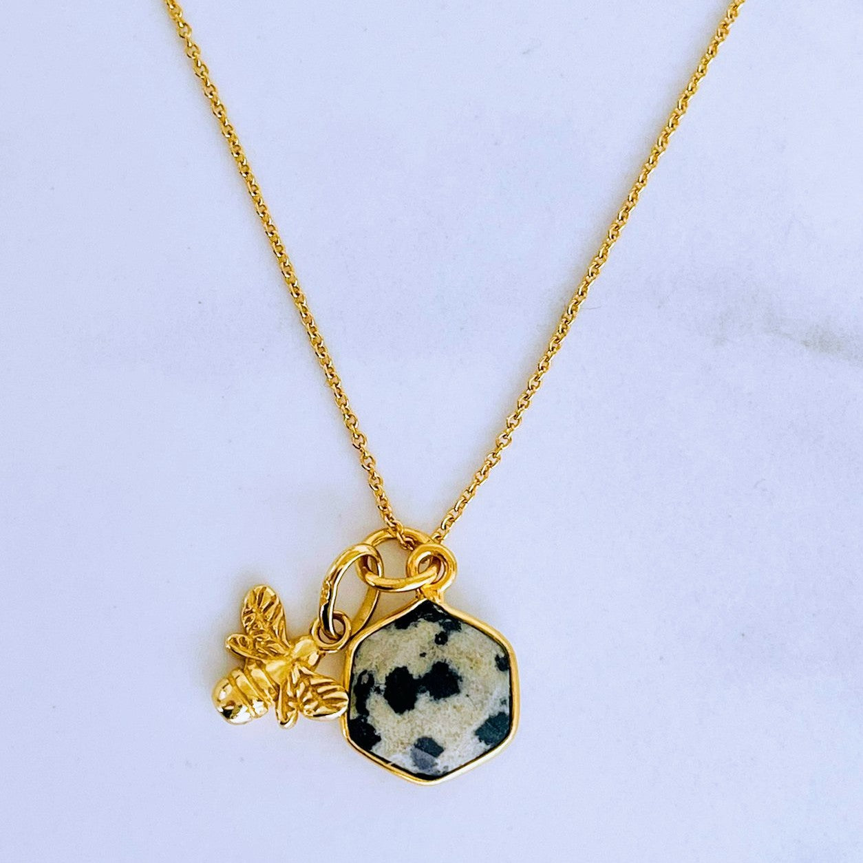 Lapis London The Hexagon "Queen Bee" Pendant Necklace - Dalmatian Jasper, Gold Plated Sterling Silver 
