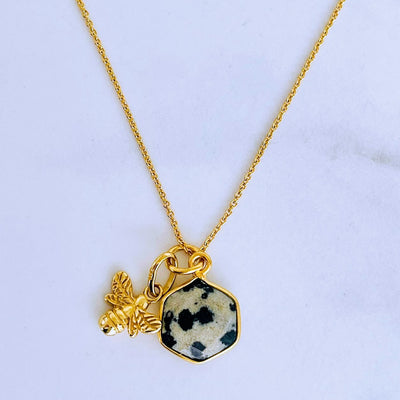 Lapis London The Hexagon "Queen Bee" Pendant Necklace - Dalmatian Jasper, Gold Plated Sterling Silver 