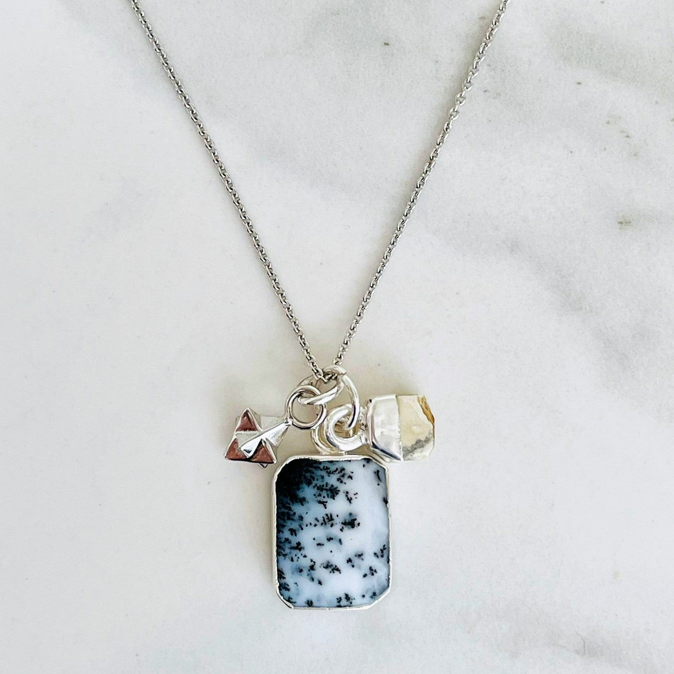 Sterling silver dendritic agate, white howlite and tetrahedron charm pendant necklace 