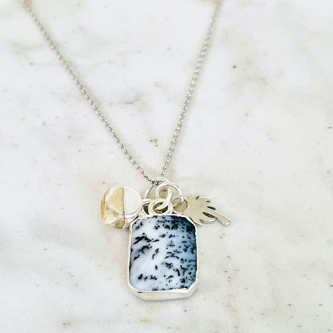 Sterling silver dendritic agate, white howlite and palm tree gemstone necklace 