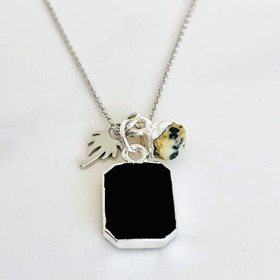 Sterling silver black onyx, dalmatian jasper and palm tree charm necklace