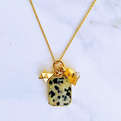 Gold plated dalmatian jasper, citrine and tetrahedron charm pendant necklace