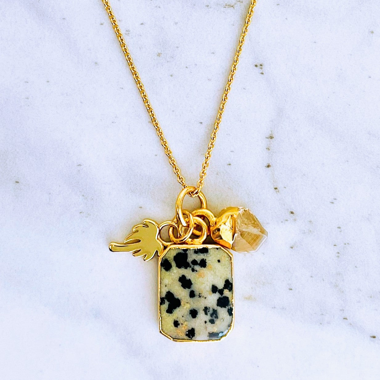Gold plated dalmatian jasper, citrine and palm tree charm pendant necklace
