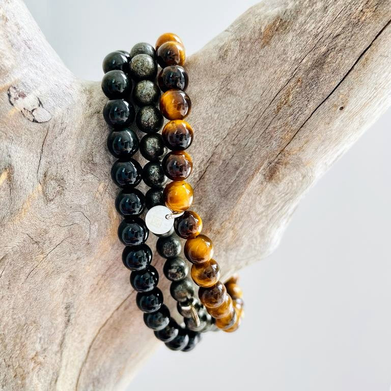 Men's 6mm bead Tiger's Eye, Obsidian and Pyrite Gemstone Intention Bracelet Trio with sterling silver logo disc