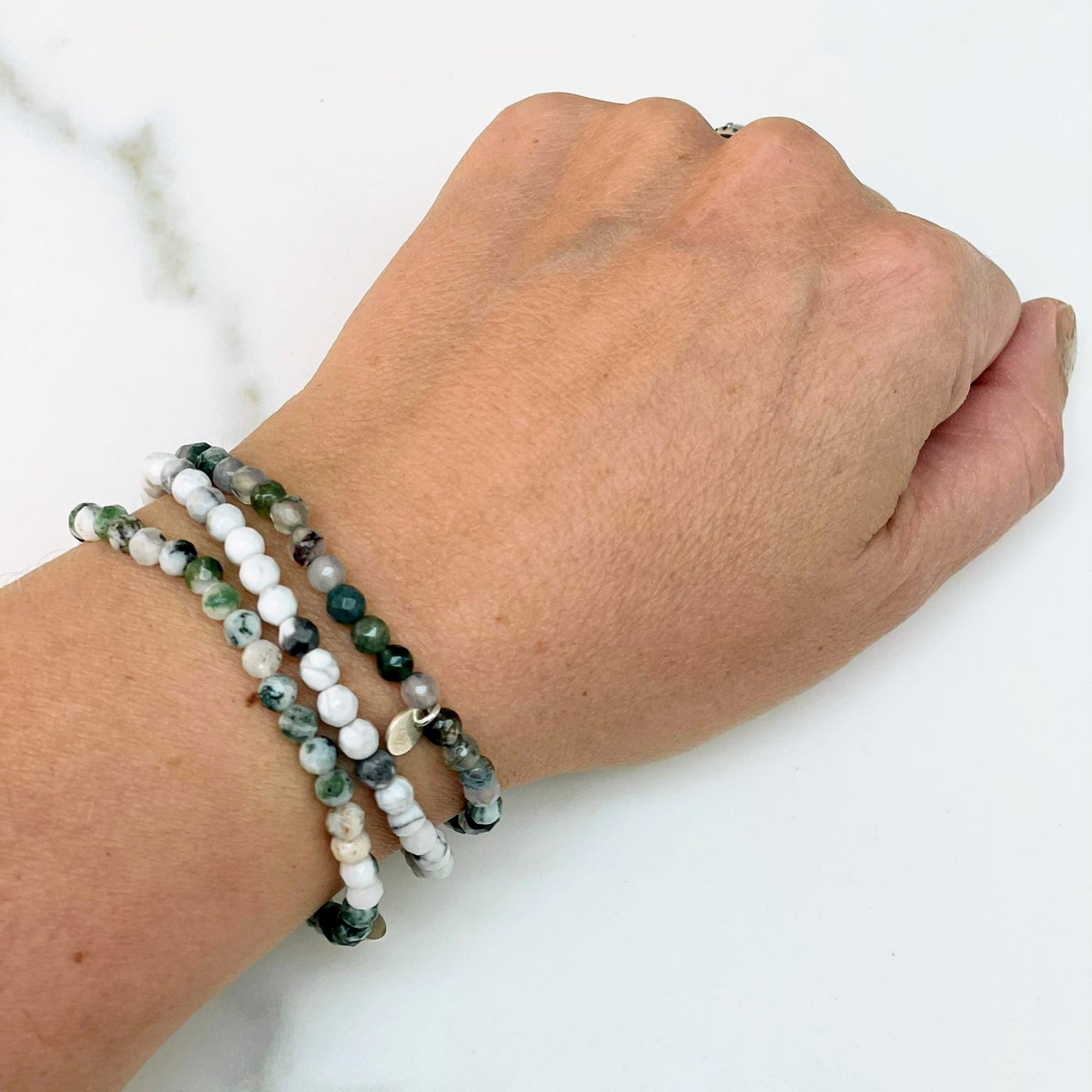 Inner Peace, Balance, Grounding and Abundance Gemstone Bracelet Trio - Tree Agate, Moss Agate and White Howlite