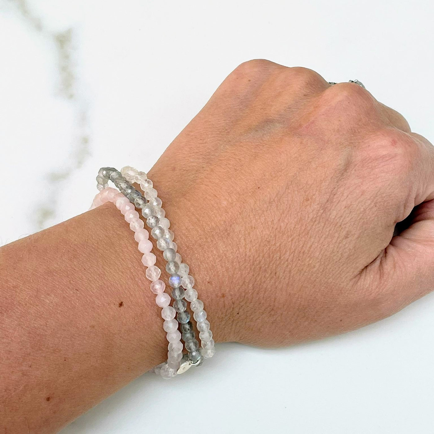 Moonstone, Rose Quartz and Labradorite gemstone bracelet intention trio