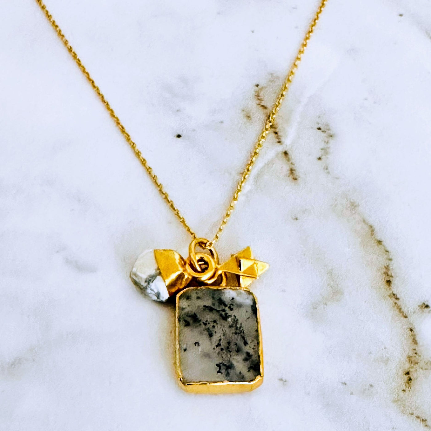 Gold plated dendritic agate, white howlite and tetrahedron charm pendant necklace