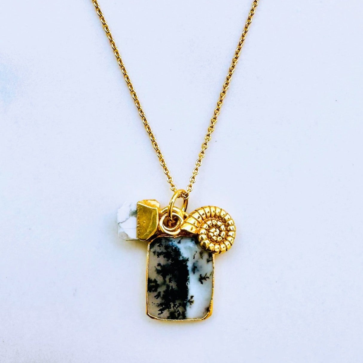 Gold plated dendritic agate, white howlite and ammonite charm pendant necklace