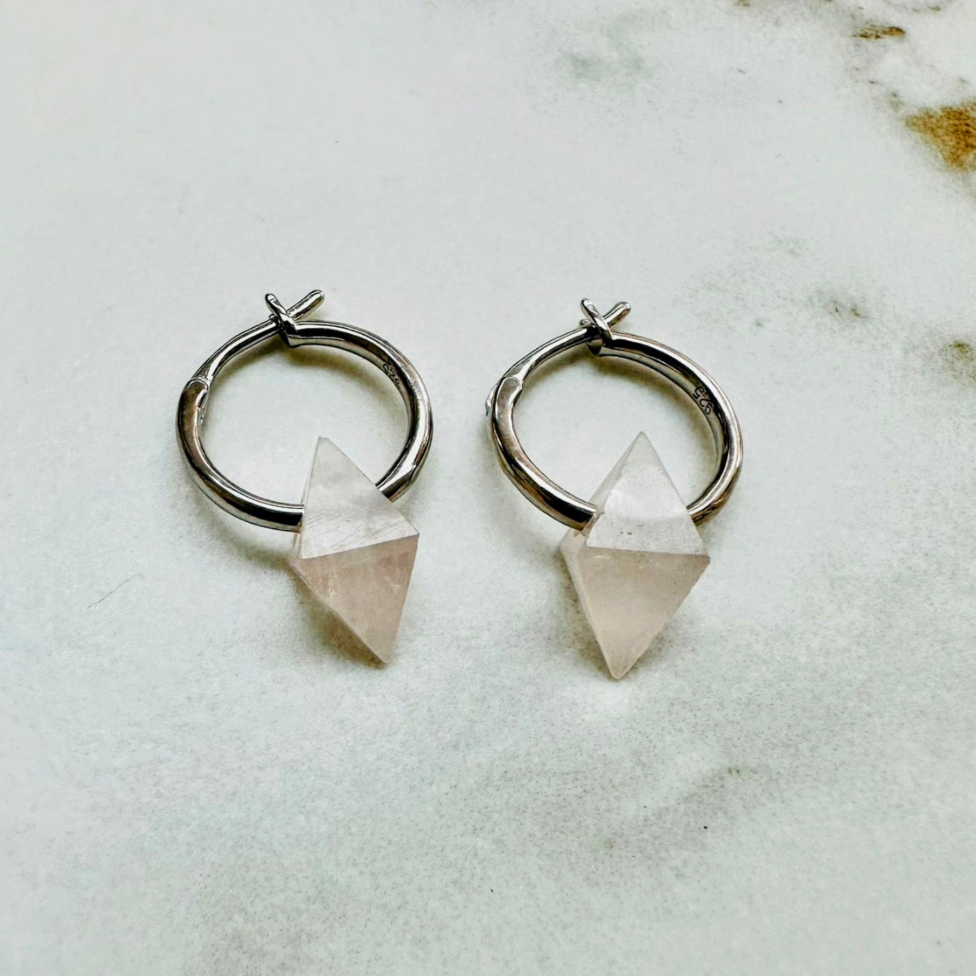 rose quartz octahedron charm sterling silver hoop earrings