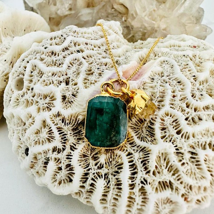Emerald and citrine gold plated gemstone pendant necklace