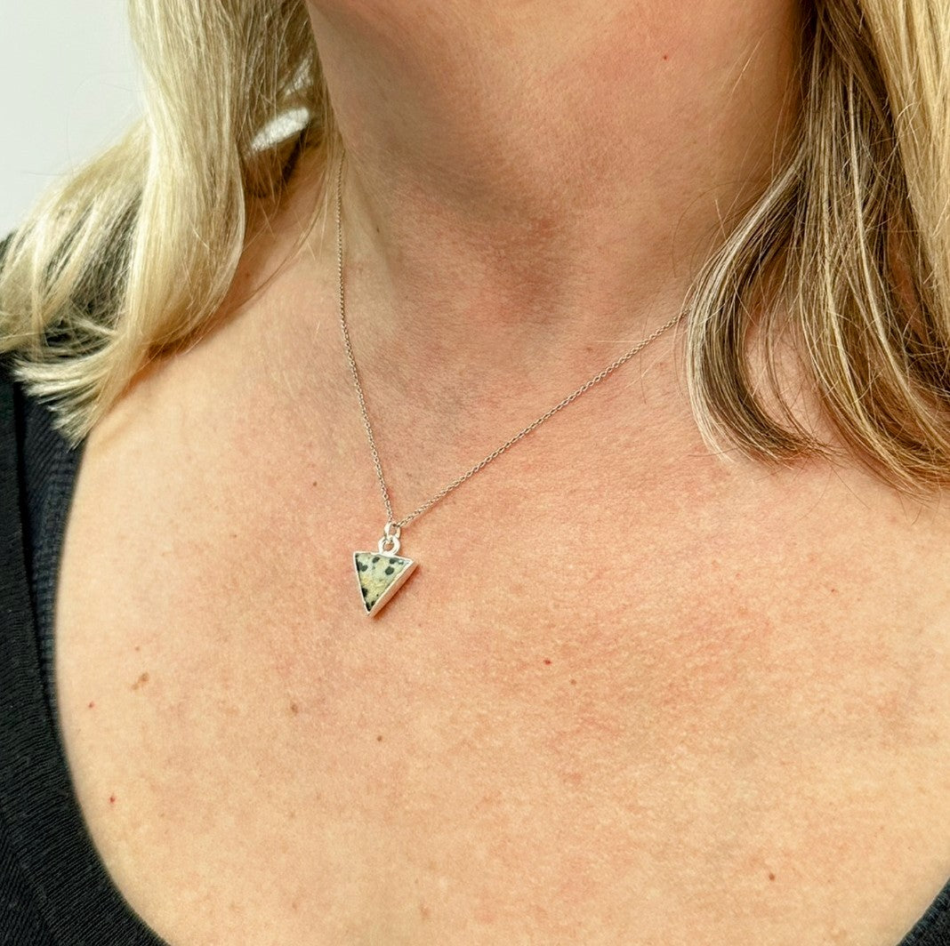 Sterling silver dalmatian jasper triangle gemstone necklace