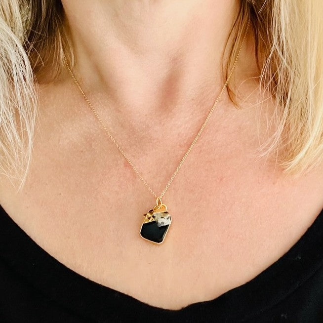 Gold plated black onyx, dalmatian jasper and palm tree charm pendant necklace