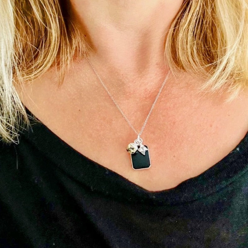 Sterling silver black onyx, dalmatian jasper and tetrahedron charm pendant necklace
