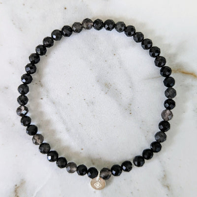 Obsidian 4mm faceted gemstone bracelet with sterling silver circular disc
