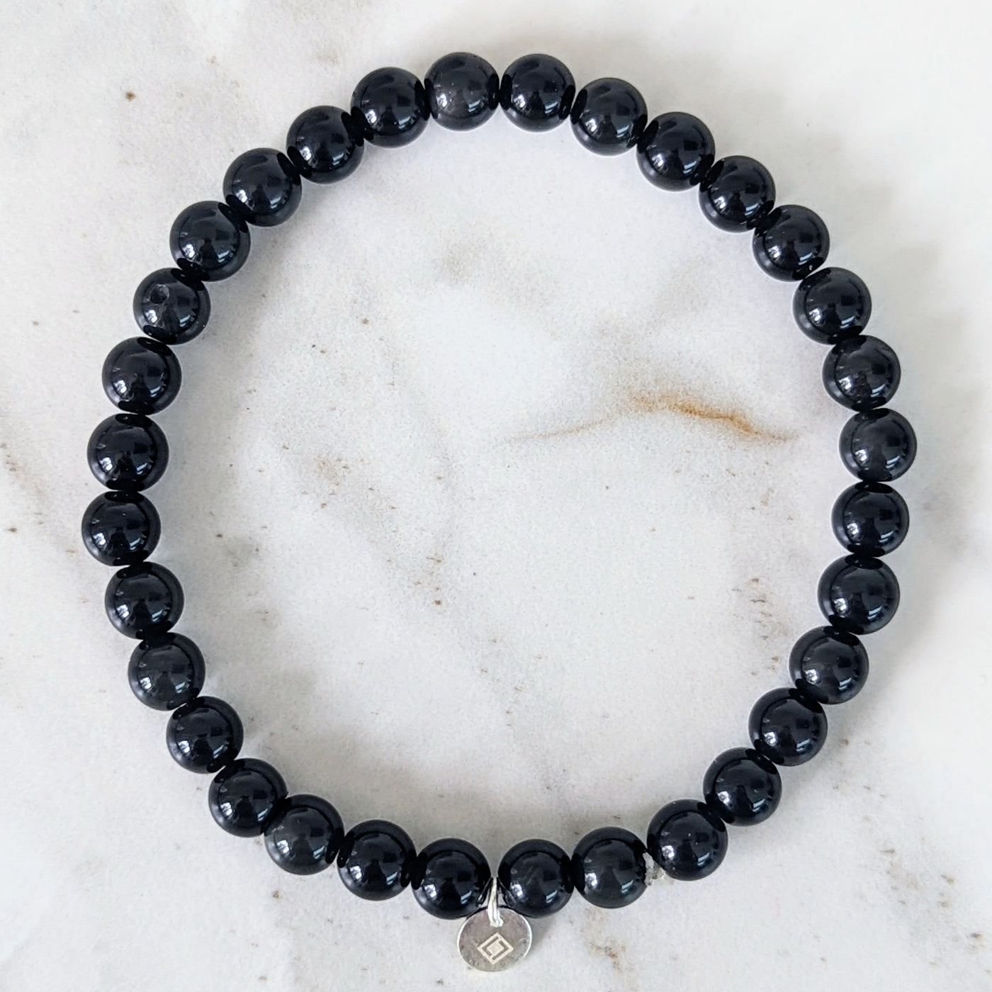 Obsidian 6mm men's gemstone bracelet and sterling silver logo disc