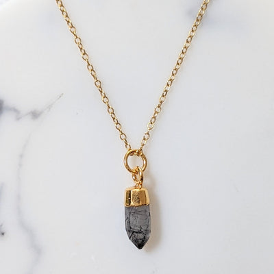 Gold plated tourmalinated quartz spike pendant necklace