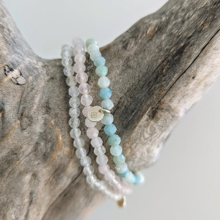 Create Love and Joy Gemstone Bracelet Trio - Amazonite, Rose Quartz and Moonstone