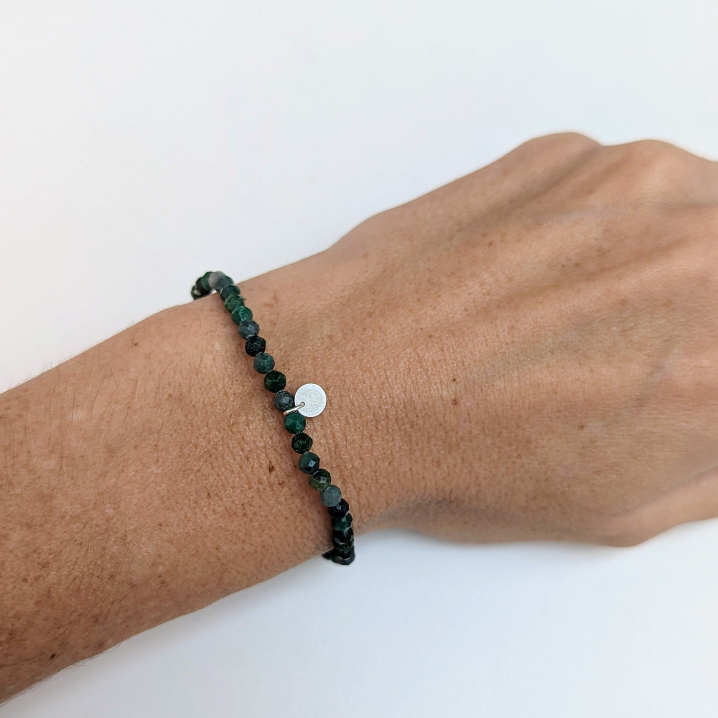 Jade gemstone bracelet 4mm faceted beads with sterling silver logo disc