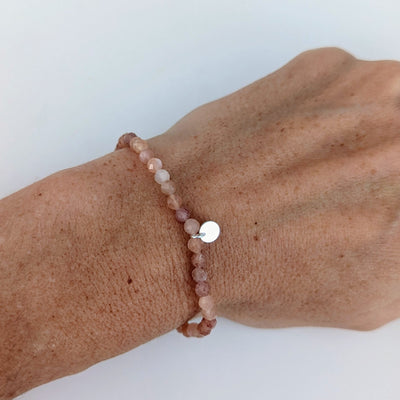 Sunstone gemstone 4mm faceted bracelet with sterling silver circular disc