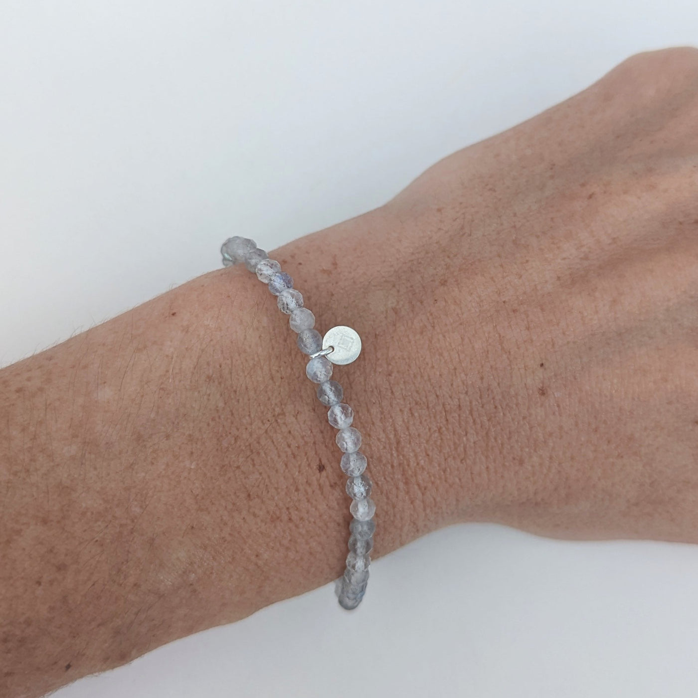 Labradorite gemstone bracelet 4mm faceted beads with sterling silver logo disc