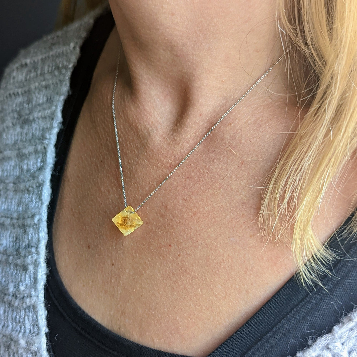 Citrine octahedron shaped pendant necklace on a sterling silver chain 