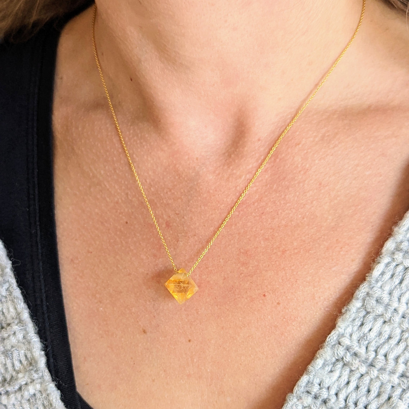 Citrine gold plated octahedron necklace