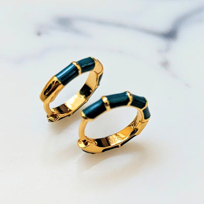 Gold plated teal enamel hoop earrings