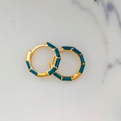 Gold plated teal enamel hoop earrings