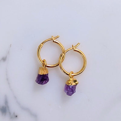 gold plated amethyst february birthstone hoop earrings