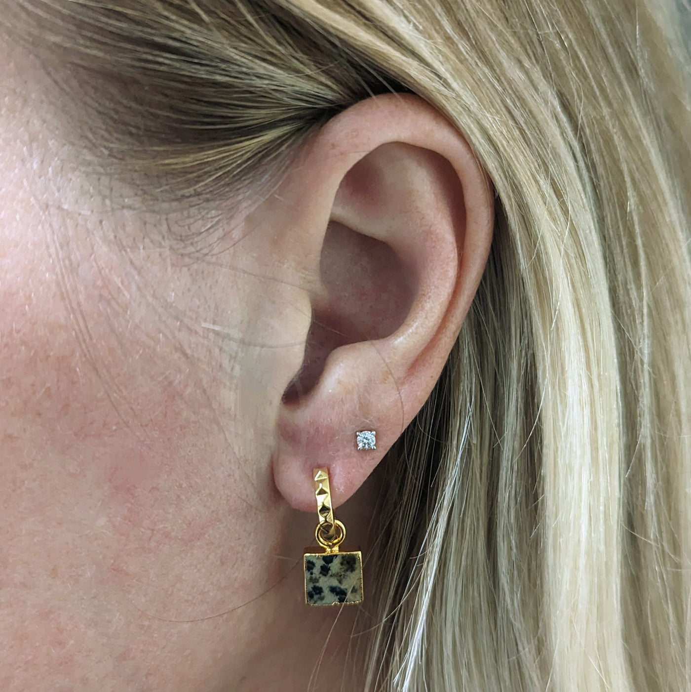 Gold plated dalmatian jasper gemstone charm hoop earrings