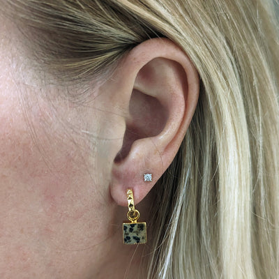Gold plated dalmatian jasper gemstone charm hoop earrings