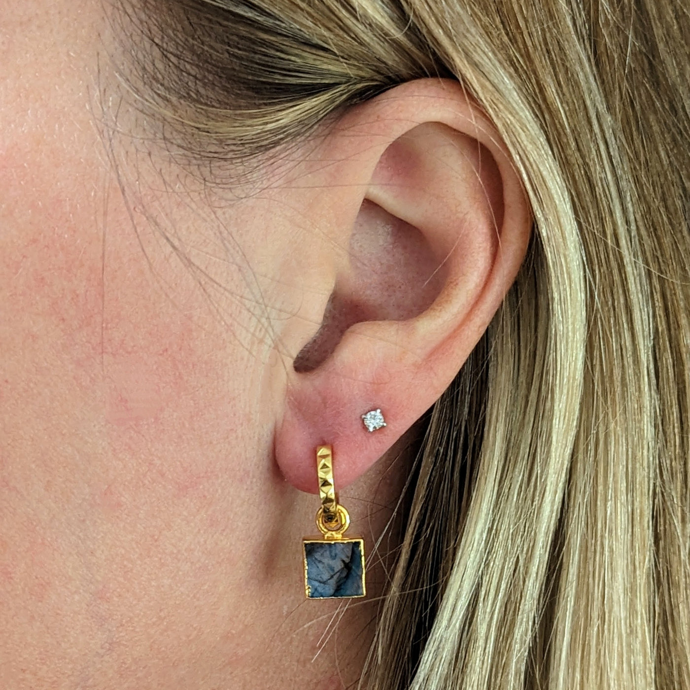 Gold plated labradorite gemstone square charm hoop earrings