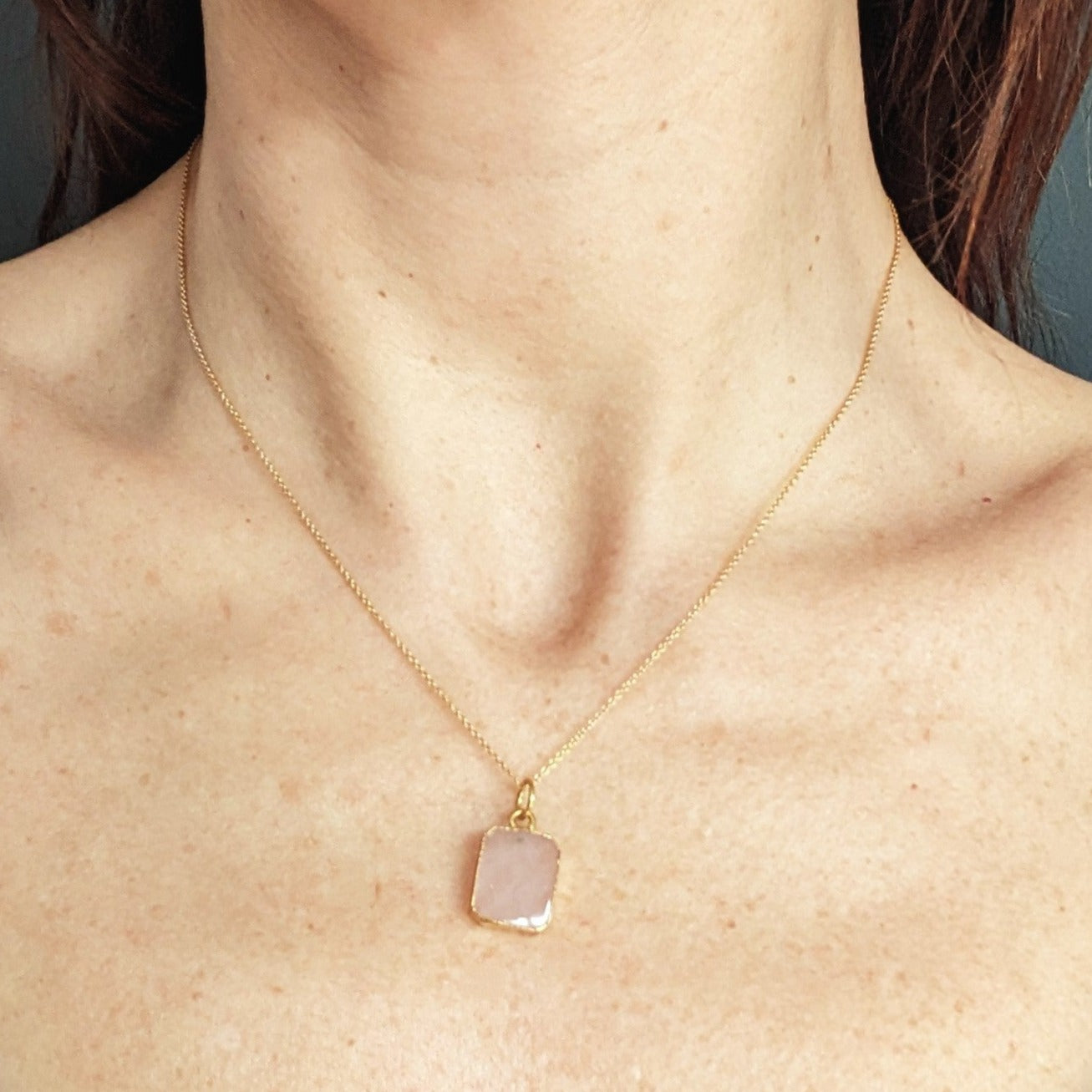 Rose quartz gold plated rectangular pendant necklace
