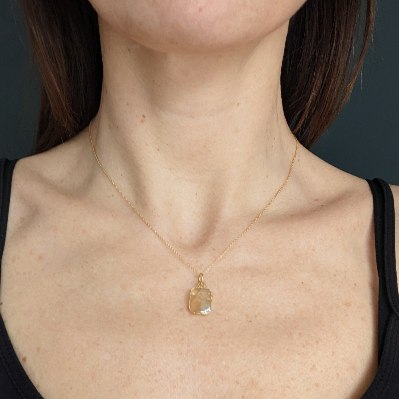Citrine gold plated rectangular pendant necklace