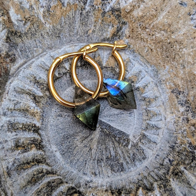 labradorite gold plated octahedron charm hoop earrings