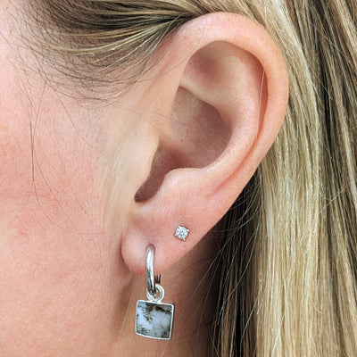 Sterling silver dendritic agate gemstone charm hoop earrings