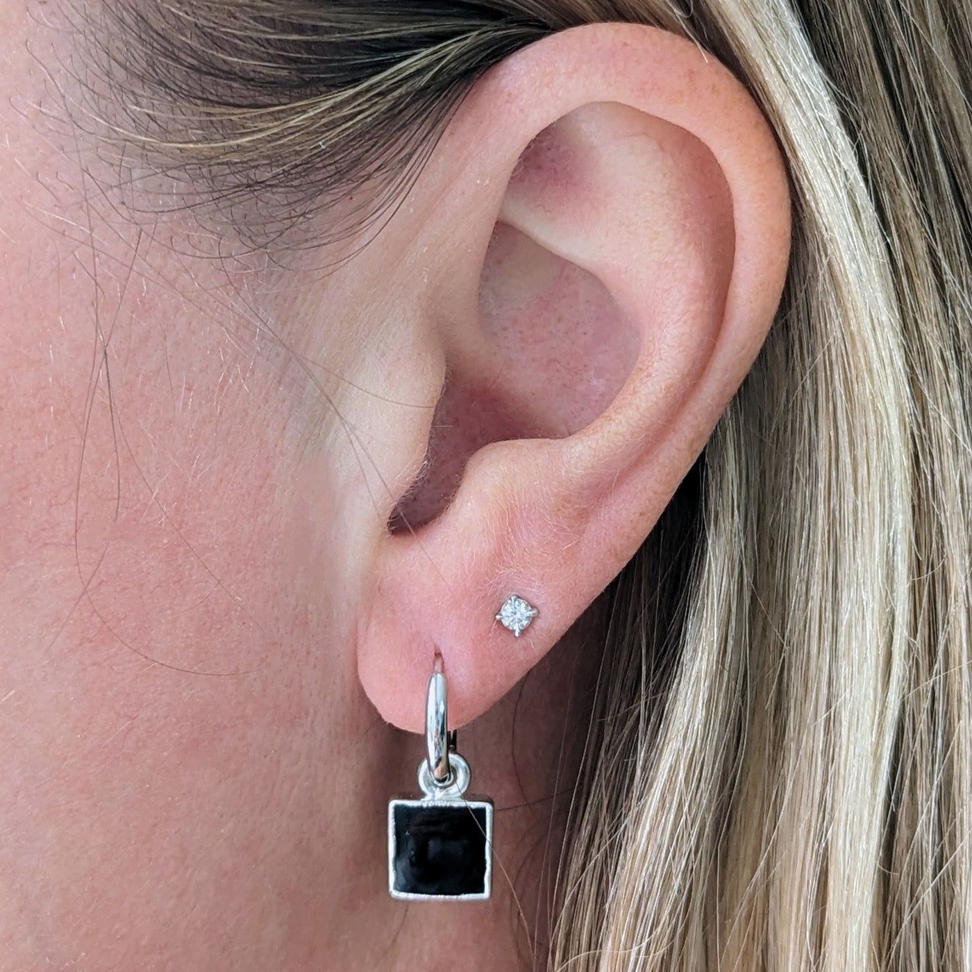 Sterling silver black onyx gemstone charm hoop earrings