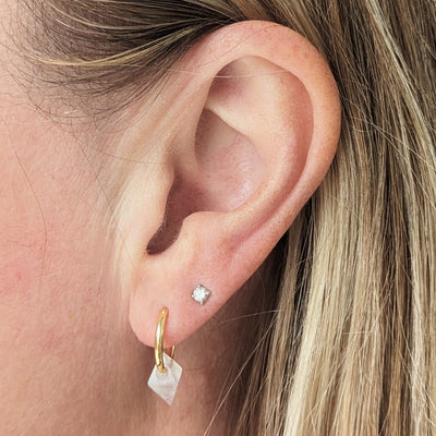 Rose quartz octahedron charm gold plated hoop earrings